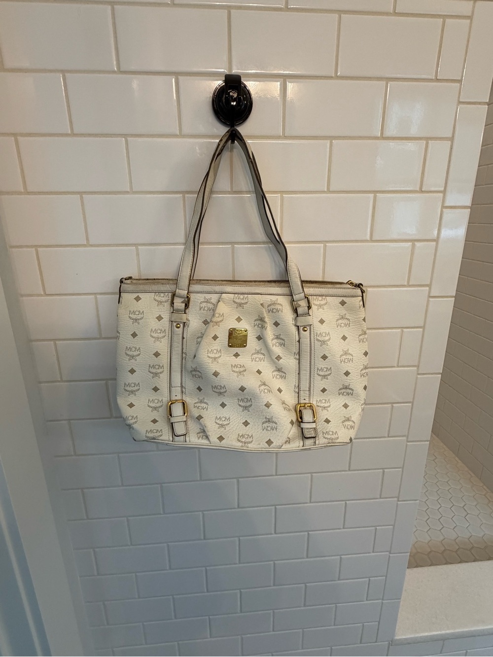 MCM White Logo-Print Double-Handle Tote with Gold Hardware